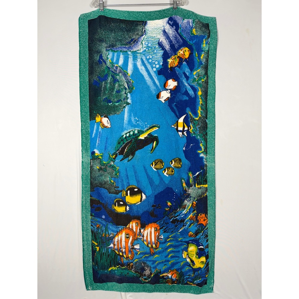 Vtg 90s Y2K Tropical Beach Towel Sea Turtle Fish Ocean Reef 100% Cotton Brazil